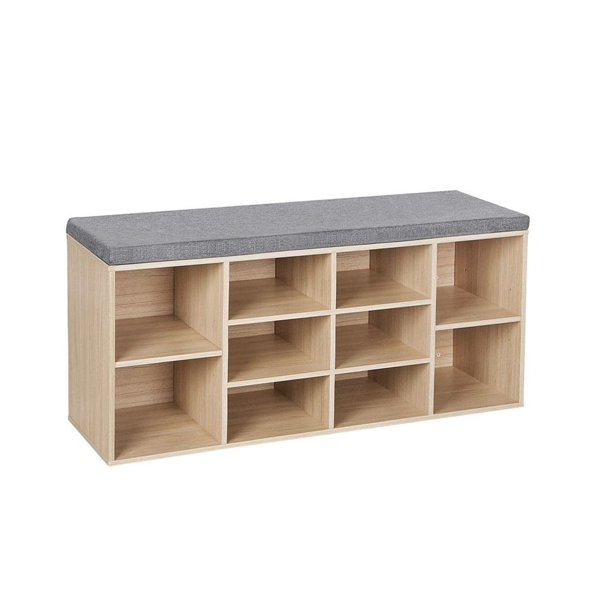 Banc à Chaussures 10 Paires Beige", "Banc à Chaussures 10 Paires Beige en situation", "Banc à Chaussures 10 Paires Beige dimensions", "Banc à Chaussures 10 Paires Beige détail finition bois", "Banc à Chaussures 10 Paires Beige notice et déballage", "Banc à Chaussures 10 Paires Beige instruction de montage", "Banc à Chaussures 10 Paires Beige coussin rembouré